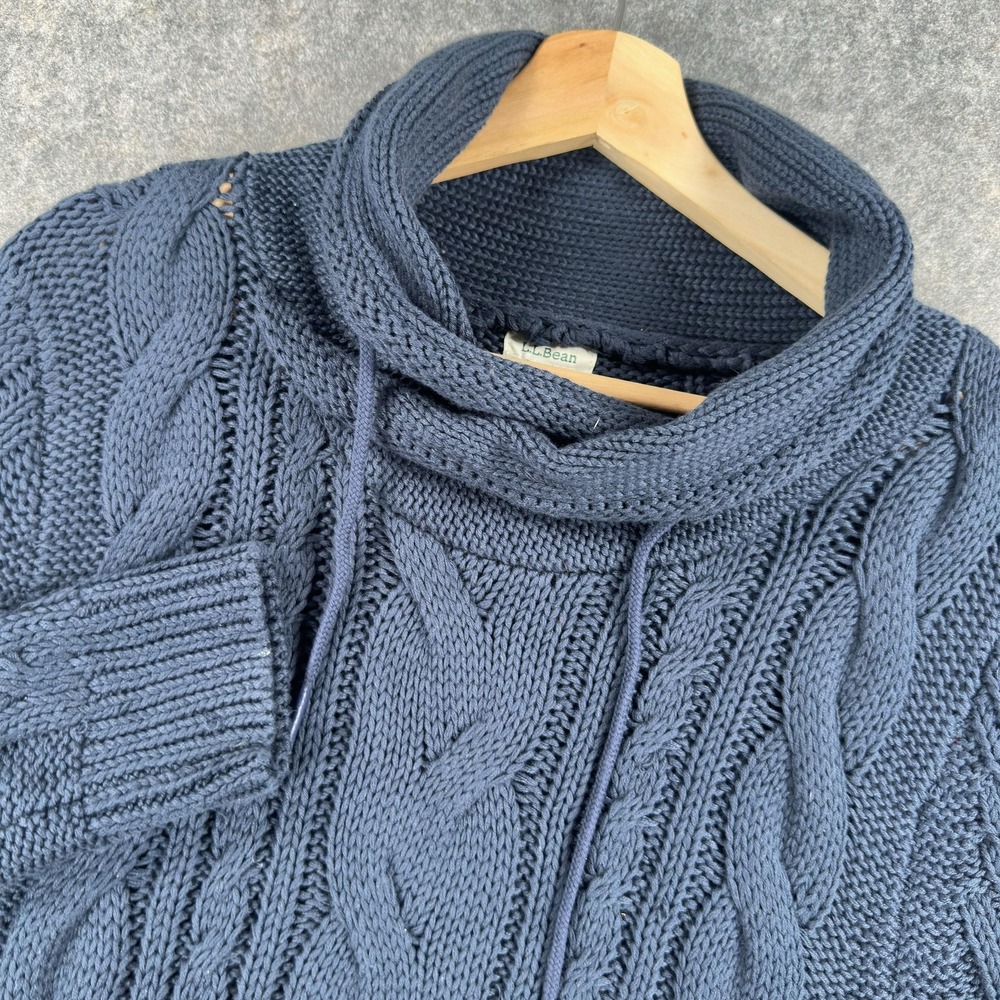 L.L.Bean Sweater Womens Small Blue Cable‎ Knit Funnelneck Tunic Pockets Cotton